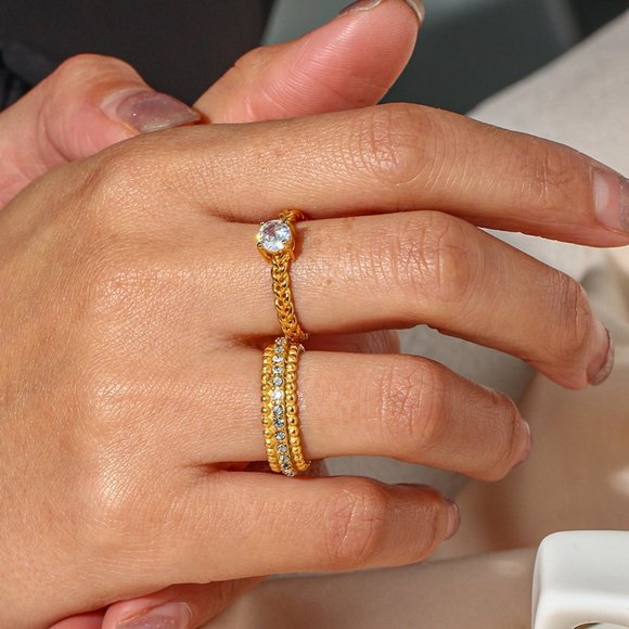 18K Gold Plated‎ Beaded Zircon Eternity Ring Stainless Steel - Picture 3 of 8